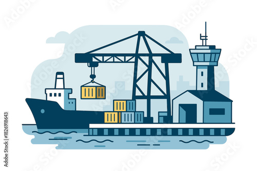 Modern port scene with cargo ship and crane in flat style