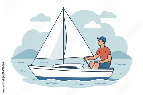 Sailing adventure: flat design of a man in a sailboat on calm waters