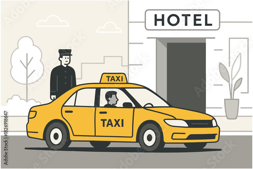 Flat design taxi pickup at hotel with chauffeur and yellow cab