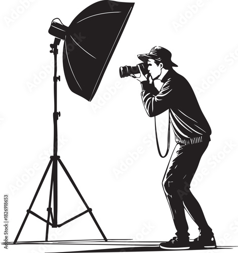 Photographer actively capturing a subject using a modern DSLR camera alongside a professional studio softbox light setup