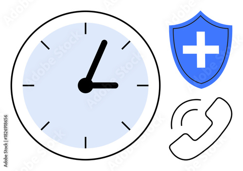 Wall clock indicating time, medical shield with cross, and ringing phone symbolizing emergency services. Ideal for healthcare, time planning, safety, support, medical aid, urgency simple flat