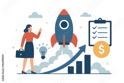 Business growth concept with rocket launch and success strategy elements