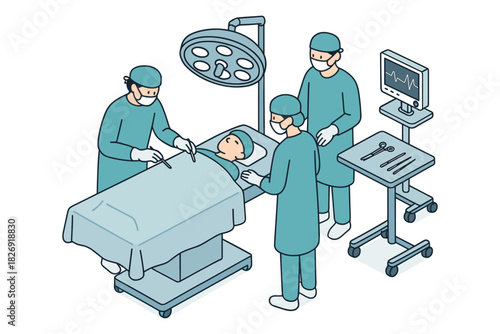 Isometric hospital surgery scene: medical team performing operation
