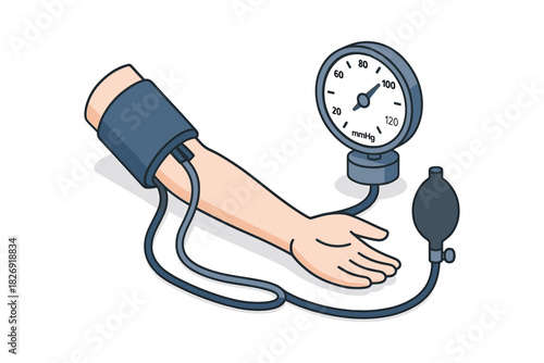 Isometric blood pressure monitor with arm cuff on white background