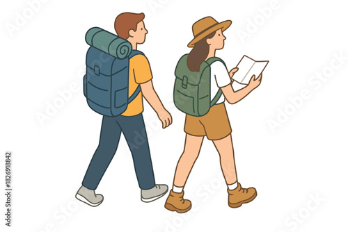 Isometric illustration of two campers hiking with backpacks and map