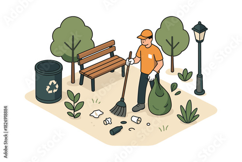 Isometric city park cleanup with volunteer collecting trash and recycling