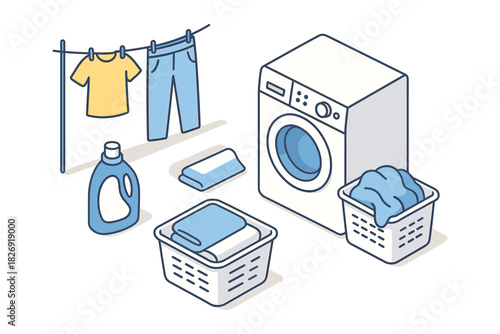 Isometric laundry room essentials: washer, detergent, basket, clothes