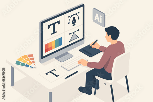 Graphic designer working on computer using digital illustration tools in isometric style