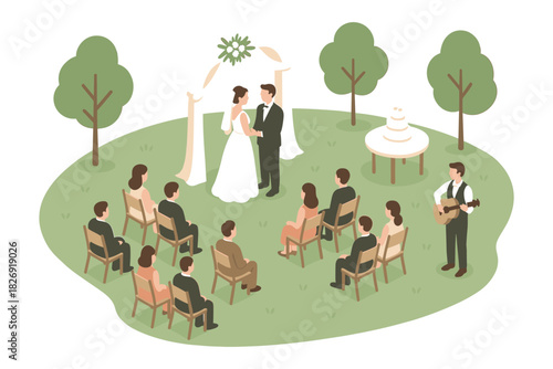 Elegant outdoor wedding ceremony with bride, groom, and guests in isometric style