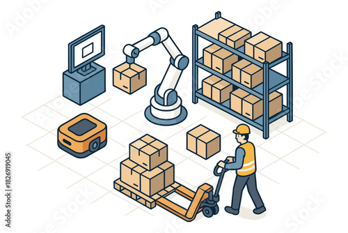 Isometric warehouse automation with robot arm and worker handling packages