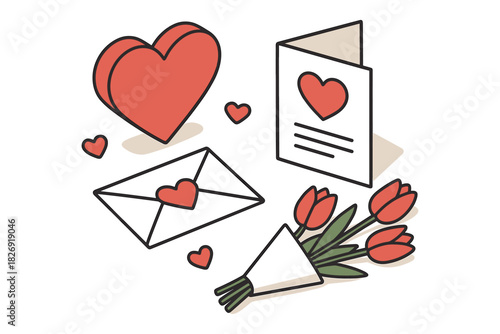 Romantic items with hearts, envelope, tulip bouquet, and valentine card in hand drawn style