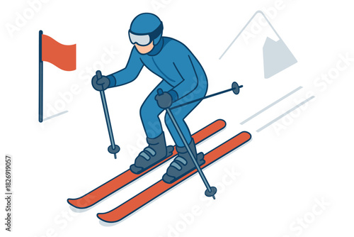 Isometric winter sports scene with skier in action on snowy slopes