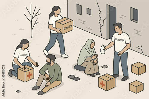 Volunteers providing aid to people in need in urban setting