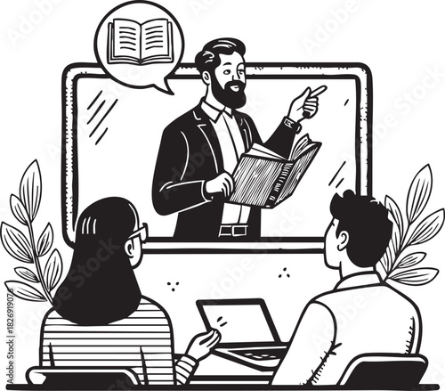 Online education and distant learning concept: bearded teacher on screen with book, instructing students remotely via laptop