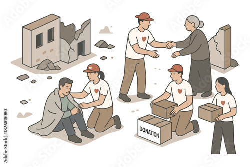 Volunteers helping in disaster relief efforts with donations and support