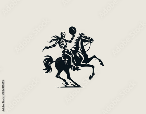 lack silhouette illustration of a skeleton rider on a galloping horse, holding up a cowboy hat.