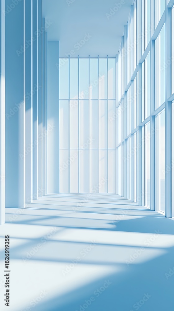 Fototapeta premium Bright hallway with modern architecture, large windows, light blue tones and long shadows