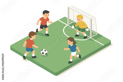 Children playing soccer on isometric field with goalkeeper and ball