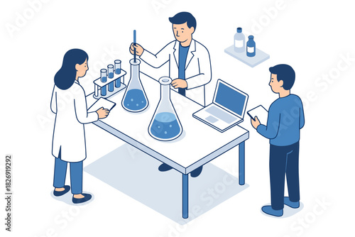 Scientists collaborating in a laboratory with 3d isometric design