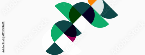 Abstract geometric shapes overlap, creating dynamic composition. Teal, purple, dark shades dominate white background. Modern design element.