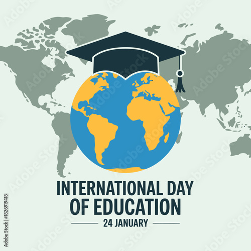International day of education concept a globe with a graduation cap on a world map background, symbolizing global learning and academic success