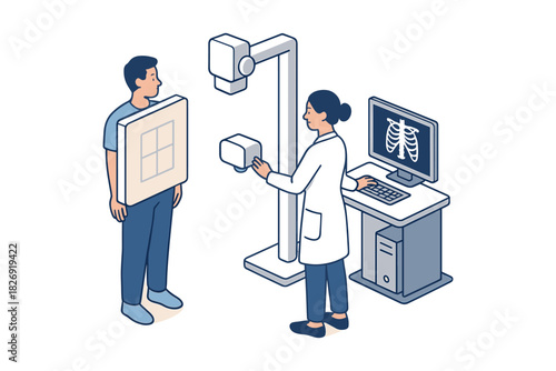 Isometric medical exam: doctor conducting chest x-ray for patient in modern clinic
