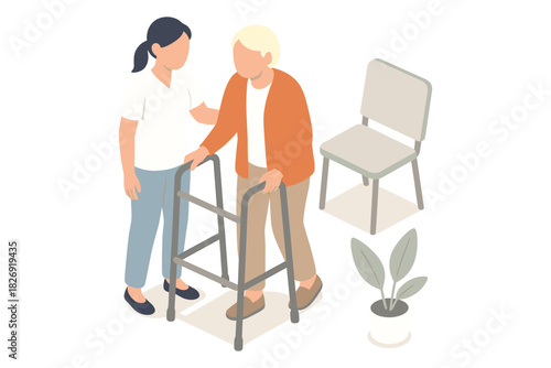 Elderly support concept with caregiver assisting senior using walker