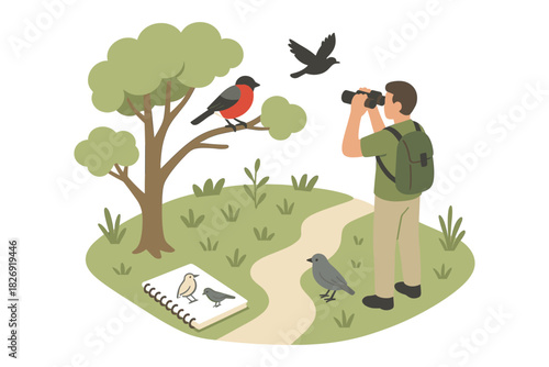 Birdwatcher observing wildlife in nature park with binoculars