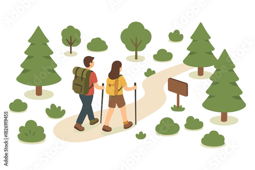 Isometric hiking adventure: couple exploring nature path with backpacks in forest