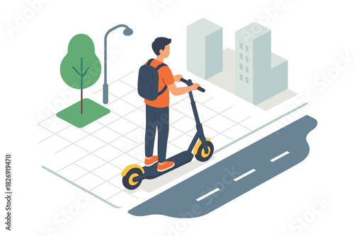 Urban commuter on scooter in isometric cityscape