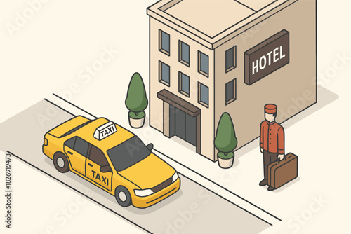 Isometric urban scene with taxi and hotel front with bellhop and luggage