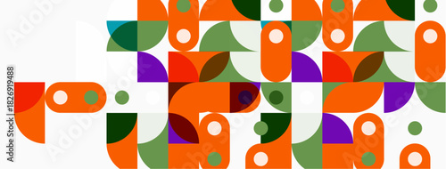 Abstract geometric pattern. Orange, green, purple circles, rectangles create midcentury modern aesthetic. Simple shapes repeat across white background.