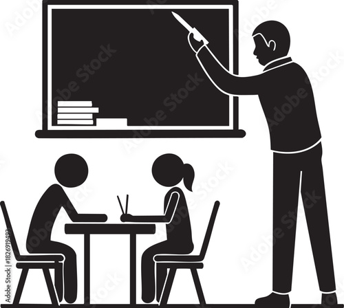 Teacher pointing at a blackboard instructing two students sitting at a desk, a simple black and white icon illustration representing education and learning.