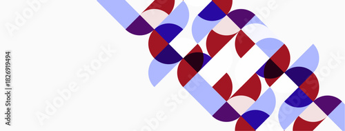 Abstract geometric pattern. Circles, semicircles, rectangles overlap creating dynamic visual flow. Red, purple, white dominate composition.