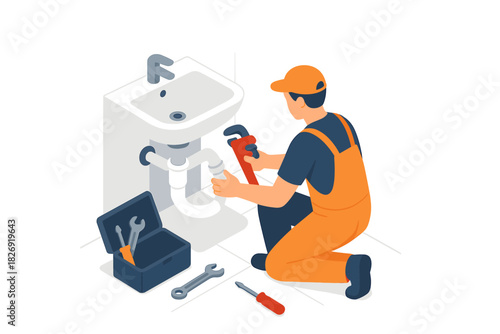 Plumber repairing sink with tools in modern flat style