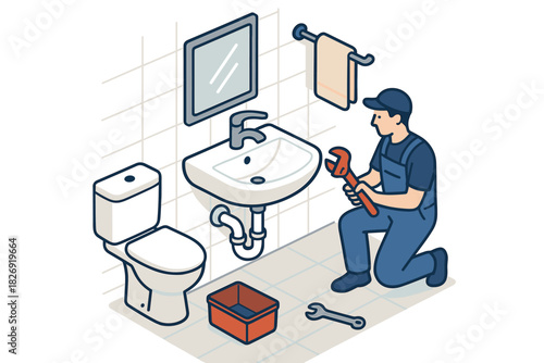 Isometric plumber repairing bathroom sink with tools in modern bathroom setting