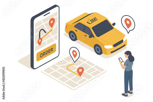 Isometric taxi service concept with mobile app and location pins