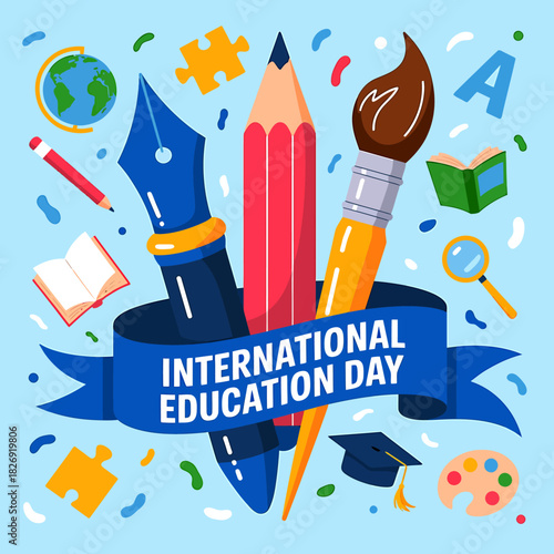 Vibrant illustration for international education day, featuring a fountain pen, pencil, and paintbrush, surrounded by educational elements