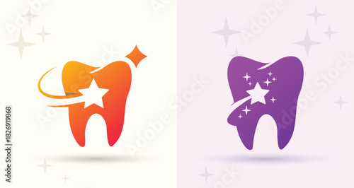 Tooth star swoosh logo dental care dentist clinic hygiene whitening smile brand icon
