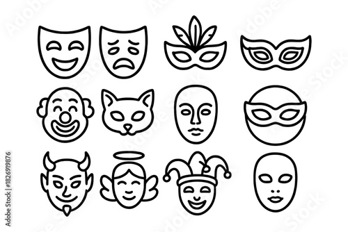 Collection of theater and festival masks in minimalist outline design