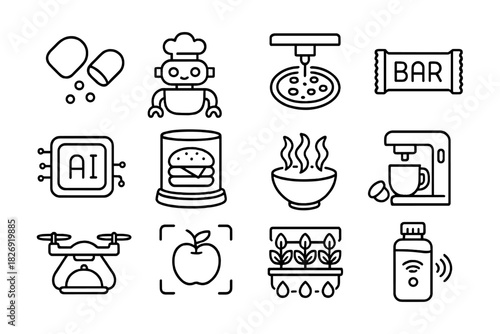 Set of linear icons featuring robots, ai, food, drones, and smart tech