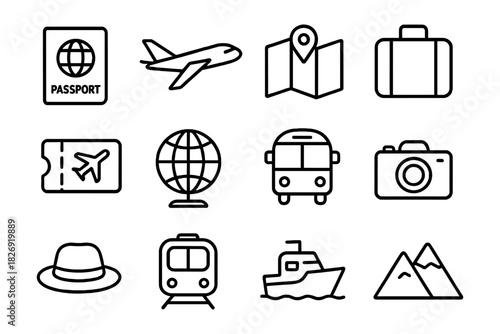 Essential travel icons collection in clean line art style