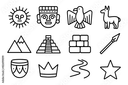 Linear tribal icons: sun, mountains, pyramid, animals, and artifacts in bold outline design