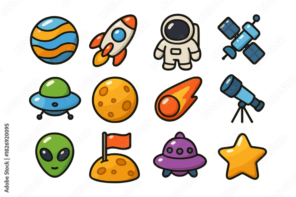 Fototapeta premium Cartoon space elements with planets, ufos, and astronaut icons