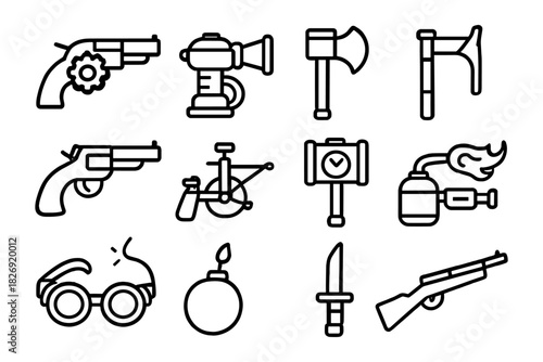 Set of linear weapon icons: guns, swords, and bombs