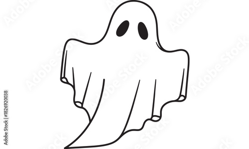a simple black and white line drawing depicts a classic ghost shape with rounded edges two oval eyes and a flowing sheet like body floating Halloween