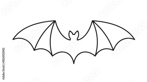 a simple black and white outline drawing depicts a bat in flight showcasing its wings spread wide and a small defined head with pointed ears Halloween