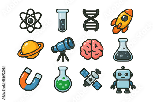 Colorful science and technology icons set featuring space and laboratory elements