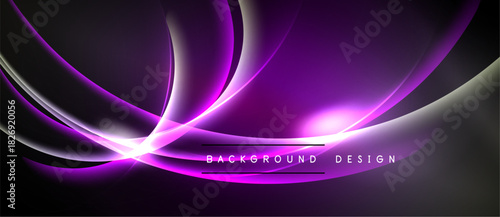 Abstract purple lines create dynamic energy. Smooth curves radiate from central point, forming modern background design. Dark space enhances luminosity.