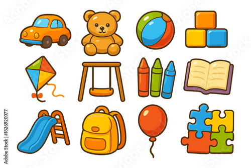 Cute cartoon toy collection: bear, car, blocks, swing, puzzle, slide, balloon